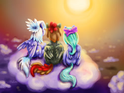 Size: 2000x1500 | Tagged: safe, artist:telimbo, imported from derpibooru, cloudchaser, flitter, oc, oc:dragonfly, pegasus, pony, cloud, female, mare, trio