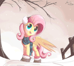 Size: 1600x1429 | Tagged: safe, artist:bugplayer, imported from derpibooru, fluttershy, alicorn, pony, animated, boots, bugplayer is trying to murder us, clothes, cute, earmuffs, female, fence, gif, mare, scarf, shyabetes, snow, snowfall, solo, sweet dreams fuel, tree