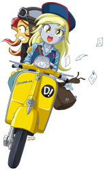 Size: 1030x1670 | Tagged: safe, alternate version, artist:uotapo, imported from derpibooru, derpy hooves, sunset shimmer, human, equestria girls, colored pupils, flcl, gritted teeth, motorcycle, open mouth, open smile, scooter, simple background, smiling, sunset helper, teeth, transparent background, vespa