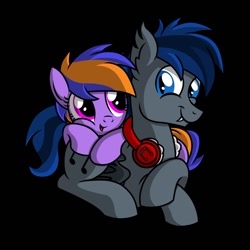 Size: 1280x1280 | Tagged: dead source, safe, artist:veggie55, imported from derpibooru, oc, oc only, oc:electric aura, oc:fang, bat pony, pegasus, pony, couple, cuddling, elecfang, female, male, mare, oc x oc, open mouth, shipping, smiling, snuggling, stallion, straight