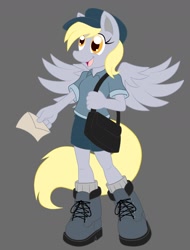 Size: 1368x1800 | Tagged: safe, artist:zeiram0034, imported from derpibooru, derpy hooves, anthro, plantigrade anthro, clothes, female, letter, mailbag, mailmare, solo, spread wings, uniform