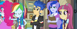 Size: 1362x525 | Tagged: safe, artist:thunderpie, imported from derpibooru, flash sentry, pinkie pie, princess luna, rainbow dash, sour sweet, thunderbass, equestria girls, accidental kiss, blushing, canterlot high, kissing, pinkiebass, pushing, shipper on deck, shipping, vice principal luna