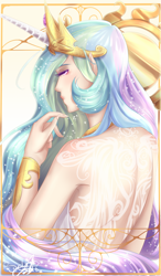 Size: 788x1348 | Tagged: safe, artist:freexee, imported from derpibooru, princess celestia, human, clothes, dress, female, horned humanization, humanized, rear view, solo