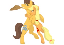 Size: 1024x713 | Tagged: safe, artist:colourstrike, imported from derpibooru, applejack, caramel, accessory theft, carajack, female, hat, male, shipping, simple background, straight