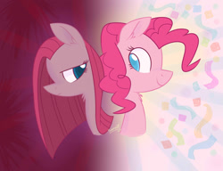 Size: 1280x985 | Tagged: safe, artist:flourret, imported from derpibooru, pinkie pie, earth pony, pony, abstract background, bust, confetti, duality, ear fluff, female, frown, happy, looking at each other, mare, neck fluff, pinkamena diane pie, portrait, signature, smiling