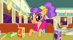 Size: 1277x717 | Tagged: safe, imported from derpibooru, screencap, plaid stripes, pony, the saddle row review, discovery family logo, juice, juice box, spoon