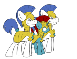 Size: 500x385 | Tagged: safe, artist:starry5643, imported from derpibooru, oc, oc:starry gaze, armor, nervous, royal guard, royal guard armor, shaking, simple background, size difference, white background, wide eyes