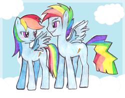 Size: 1665x1296 | Tagged: dead source, source needed, safe, artist:jaquelindreamz, imported from derpibooru, rainbow dash, dashblitz, female, male, rainbow blitz, rapeface, rule 63, self ponidox, selfcest, shipping, straight, traditional art