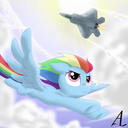 Size: 1500x1500 | Tagged: safe, artist:acesrockz, imported from derpibooru, rainbow dash, pegasus, pony, ace combat, cloud, crossover, f-22 raptor, female, flying, lockheed corporation, looking up, mobius one, sky, solo