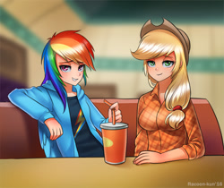 Size: 750x630 | Tagged: safe, artist:racoonsan, imported from derpibooru, applejack, rainbow dash, human, the saddle row review, bedroom eyes, beverage, cafe, clothes, cowboy hat, cup, cute, drink, duo, duo female, female, freckles, hat, humanized, interview, looking at you, manehattan, scene interpretation, sitting, smiling, stetson, straw, table, winged humanization