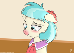 Size: 1280x926 | Tagged: safe, artist:wonkysole, imported from derpibooru, coco pommel, pony, the saddle row review, cocobetes, cold, cute, female, floppy ears, red nosed, sick, solo