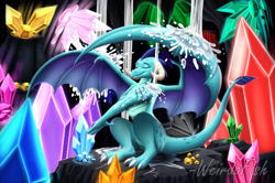 Size: 1354x899 | Tagged: safe, artist:weirdofish, imported from derpibooru, princess ember, dragon, gauntlet of fire, bathing, cave, crystal, dragoness, eyes closed, female, misleading thumbnail, shower, solo, spread wings, water, wings