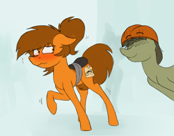 Size: 540x421 | Tagged: safe, artist:marsminer, imported from derpibooru, oc, oc only, oc:venus spring, pony, blushing, clothes, female, hard hat, hat, mare, scared, smiling, tail, tail between legs