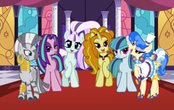 Size: 1024x646 | Tagged: safe, artist:3d4d, imported from derpibooru, adagio dazzle, aria blaze, coloratura, sapphire shores, sonata dusk, zecora, zebra, equestria girls, alternate mane six, alternate universe, countess coloratura, equestria girls ponified, ponified, the dazzlings
