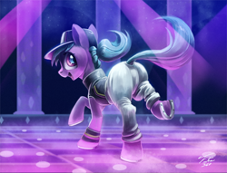 Size: 1200x918 | Tagged: safe, artist:tsitra360, imported from derpibooru, azure velour, earth pony, pony, the saddle row review, butt, clothes, club pony party palace, cute, dance floor, dancer, dancing, female, hat, horseshoes, mare, open mouth, pants, plot, raised hoof, rave, scene interpretation, solo