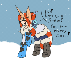 Size: 1100x952 | Tagged: safe, artist:metalaura, imported from derpibooru, oc, oc only, oc:mango myst, pony, robot, animated, blinking, boots, clothes, cold, dialogue, female, gloves, mare, mei, overwatch, pun, snow, snow boots, snowfall, solo, winter outfit