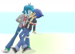 Size: 1600x1163 | Tagged: safe, artist:supermaxx92, imported from derpibooru, flash sentry, thunderbass, equestria girls, couple, gay, kissing, male, rocker, shipping, thunderflash