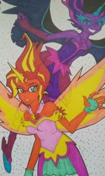 Size: 768x1280 | Tagged: safe, artist:theditzydelcatty, imported from derpibooru, sci-twi, sunset shimmer, twilight sparkle, equestria girls, friendship games, daydream shimmer, midnight sparkle, simple background, traditional art