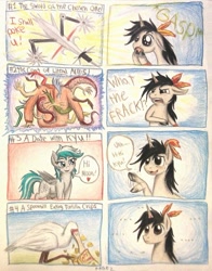 Size: 791x1009 | Tagged: safe, artist:thefriendlyelephant, imported from derpibooru, oc, oc only, oc:kyuflake, oc:mooncatcher, comic:the hoggash awards, bedroom eyes, coat of arms, coat of literal arms, comic, date, expressions, feather, spoonbill, sword, tortilla chips, traditional art, unshorn fetlocks, waving, weapon, wtf