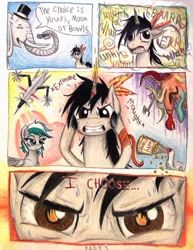 Size: 785x1019 | Tagged: safe, artist:thefriendlyelephant, imported from derpibooru, oc, oc only, oc:kyuflake, oc:mooncatcher, oc:obi, elephant, pegasus, pony, unicorn, comic:the hoggash awards, choice, coat of arms, coat of literal arms, comic, decision, extreme, extreme concentration, hat, heart, microphone, spoonbill, top hat, tortilla chips, traditional art