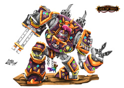 Size: 800x566 | Tagged: safe, artist:eztp, imported from derpibooru, pinkie pie, fanfic:iron hearts, chaos space marine, commission, dreadnought, fanfic art, female, gun, heresy, iron warriors, mech, solo, warhammer (game), warhammer 40k, weapon