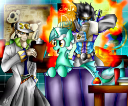 Size: 1750x1450 | Tagged: safe, artist:ebonyinkstone, imported from derpibooru, lyra heartstrings, merpony, aura, battle aura, clipboard, commission, crossover, diamond is unbreakable, globe, jojo's bizarre adventure, jotaro kujo, seapony lyra, stand, star platinum, star platinum: the world