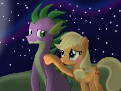 Size: 2732x2048 | Tagged: safe, artist:skyfallerart, imported from derpibooru, applejack, spike, dragon, earth pony, pony, applespike, blushing, female, hatless, male, mare, missing accessory, older, older spike, shipping, straight