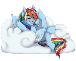 Size: 1024x819 | Tagged: safe, artist:fluffyrainbowsheep, imported from derpibooru, rainbow dash, cloud, eyes closed, female, scene interpretation, sitting, solo, watermark