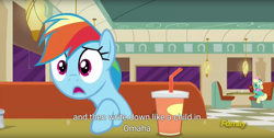 Size: 1920x970 | Tagged: safe, imported from derpibooru, screencap, rainbow dash, the saddle row review, discovery family logo, meme, omaha, youtube caption