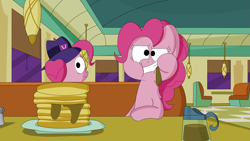 Size: 3353x1886 | Tagged: safe, artist:pastelhorses, imported from derpibooru, pinkie pie, the saddle row review, clone, food, pancakes, pinkie clone, scene interpretation, syrup