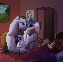 Size: 1024x1002 | Tagged: safe, artist:firefanatic, imported from derpibooru, princess celestia, bed, crossover, crying, frisk, sleeping, toriel, undertale
