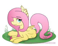 Size: 1840x1440 | Tagged: safe, alternate version, artist:greenlinzerd, imported from derpibooru, fluttershy, ear fluff, female, fluffy, grass, looking at you, prone, solo