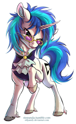 Size: 778x1267 | Tagged: safe, artist:stepandy, imported from derpibooru, dj pon-3, vinyl scratch, pony, unicorn, a hearth's warming tail, clothes, curved horn, ear fluff, female, glasses, horn, looking at you, mare, raised hoof, signature, simple background, solo, tongue out, transparent background, unshorn fetlocks, victorian, victrola scratch, watermark