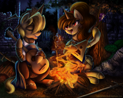 Size: 1600x1271 | Tagged: safe, artist:aschenstern, imported from derpibooru, oc, oc only, oc:ariel radiance, oc:katya ironstead, alicorn, pony, alicorn oc, armor, balalaika, bonfire, campfire, commission, crossover, dark souls, eyes closed, fire, forest, guitar, mandolin, musical instrument, night sky, open mouth, playing, red eyes, singing, sitting, sword, warrior, weapon, zweihander