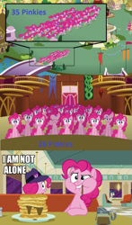 Size: 565x960 | Tagged: safe, edit, edited screencap, imported from derpibooru, screencap, pinkie pie, earth pony, pony, the saddle row review, too many pinkie pies, clone, female, food, mare, pancakes, pinkie clone