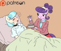 Size: 1280x1074 | Tagged: safe, artist:linedraweer, imported from derpibooru, coco pommel, suri polomare, anthro, the saddle row review, blanket, cocopolo, collar, coughing, female, flu, food, lesbian, patreon, patreon logo, pet play, shipping, sick, soup, sweat