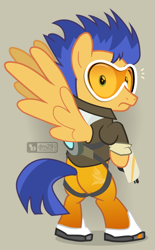 Size: 720x1160 | Tagged: safe, artist:dm29, imported from derpibooru, flash sentry, pegasus, pony, butt, clothes, crossdressing, crossover, flash sentracer, goggles, gun, male, overwatch, plot, solo, suit, tracer, weapon, wings