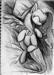 Size: 763x1048 | Tagged: safe, artist:daniel10alien, imported from derpibooru, fluttershy, pegasus, pony, ^^, bed, eyes closed, female, grayscale, high angle, monochrome, pencil drawing, pillow, sleeping, solo, top down, traditional art