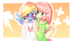 Size: 1920x1080 | Tagged: safe, artist:hoodie, imported from derpibooru, fluttershy, rainbow dash, pegasus, semi-anthro, arm hooves, blushing, clothes, cute, dashabetes, female, flutterdash, heart, hoodie, lesbian, open mouth, shipping, shyabetes, wallpaper