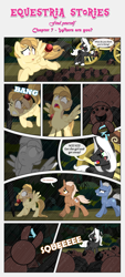 Size: 1919x4259 | Tagged: safe, artist:estories, imported from derpibooru, oc, oc only, oc:alice goldenfeather, oc:möbius, giant spider, pegasus, pony, unicorn, comic:find yourself, comic, scar