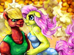 Size: 1000x750 | Tagged: safe, artist:telimbo, imported from derpibooru, big macintosh, fluttershy, anthro, clothes, dress, female, fluttermac, male, shipping, straight