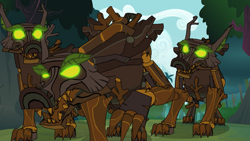 Size: 1280x720 | Tagged: safe, imported from derpibooru, screencap, timber wolf, spike at your service, 3d, glowing eyes, trio
