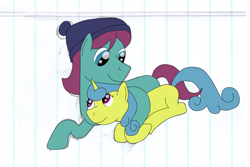Size: 1024x683 | Tagged: safe, artist:allonsbro, imported from derpibooru, autumn leaf, lemon hearts, a hearth's warming tail, clothes, cuddling, female, intertwined tails, lemonleaf, lined paper, male, shipping, snuggling, straight