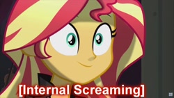 Size: 1920x1080 | Tagged: safe, imported from derpibooru, screencap, sunset shimmer, equestria girls, dragon ball, dragon ball z, dragonball z abridged, female, future trunks, internal screaming, meme, reaction image, solo, trunks (dragon ball), x internally