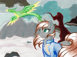 Size: 5690x4222 | Tagged: safe, artist:emberslament, imported from derpibooru, oc, oc only, oc:littlepip, oc:pyrelight, balefire phoenix, phoenix, pony, unicorn, fallout equestria, absurd resolution, clothes, dead tree, fanfic, fanfic art, female, horn, jumpsuit, mare, rock, snow, traditional art, tree, vault suit, wasteland