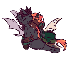 Size: 2767x2050 | Tagged: safe, artist:ruef, imported from derpibooru, oc, oc only, oc:dailevy, oc:deja vu, changeling, changeling oc, cuddling, orange changeling, purple changeling, snuggling