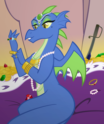Size: 600x714 | Tagged: safe, artist:queencold, imported from derpibooru, oc, oc only, oc:frazzle, dragon, cloak, clothes, dragon oc, dragoness, gold, hoard, jewelry, makeup, solo, sword, teenaged dragon, treasure, weapon