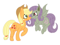 Size: 2592x1936 | Tagged: safe, artist:squipycheetah, imported from derpibooru, applejack, fluttershy, bat pony, pony, bats!, alternate cutie mark, alternate eye color, alternate hairstyle, alternate universe, applejack's hat, appleshy, bat wings, cowboy hat, cute, fangs, female, floating, flutterbat, flying, grin, hair tie, happy, hat, lesbian, nervous, nervous grin, race swap, raised hoof, red eyes, shipping, simple background, smiling, smirk, spread wings, surprised, transparent background, vector, wavy mouth
