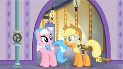 Size: 1279x721 | Tagged: safe, imported from derpibooru, screencap, aloe, applejack, applejack's "day" off, discovery family logo, goggles, hammer, horseshoes, toolbelt, tools