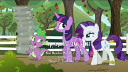 Size: 1920x1088 | Tagged: safe, imported from derpibooru, screencap, rarity, spike, twilight sparkle, twilight sparkle (alicorn), alicorn, pony, applejack's "day" off, discovery family logo, pie tin